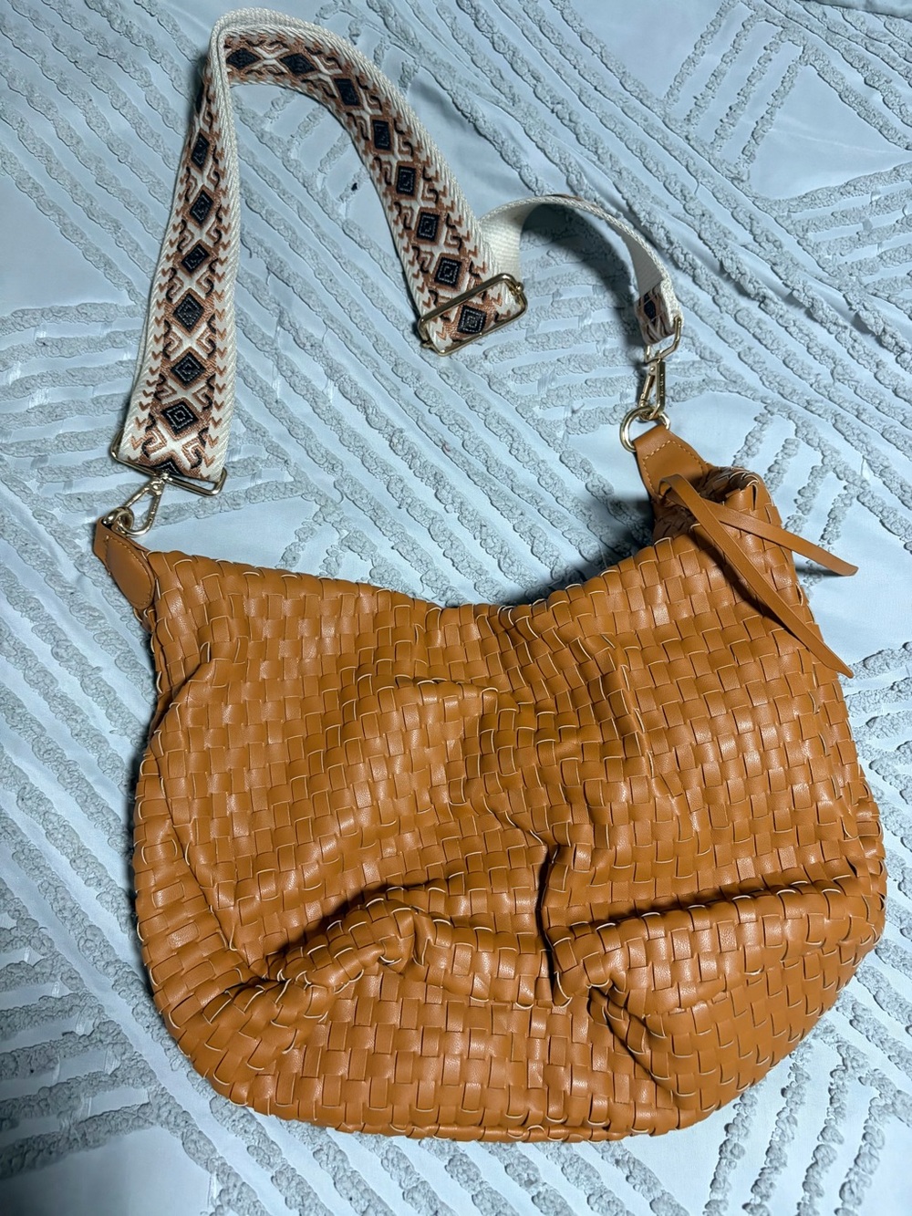Ahdorned Woven Leather Hobo Bag in Tan with Patterned Strap